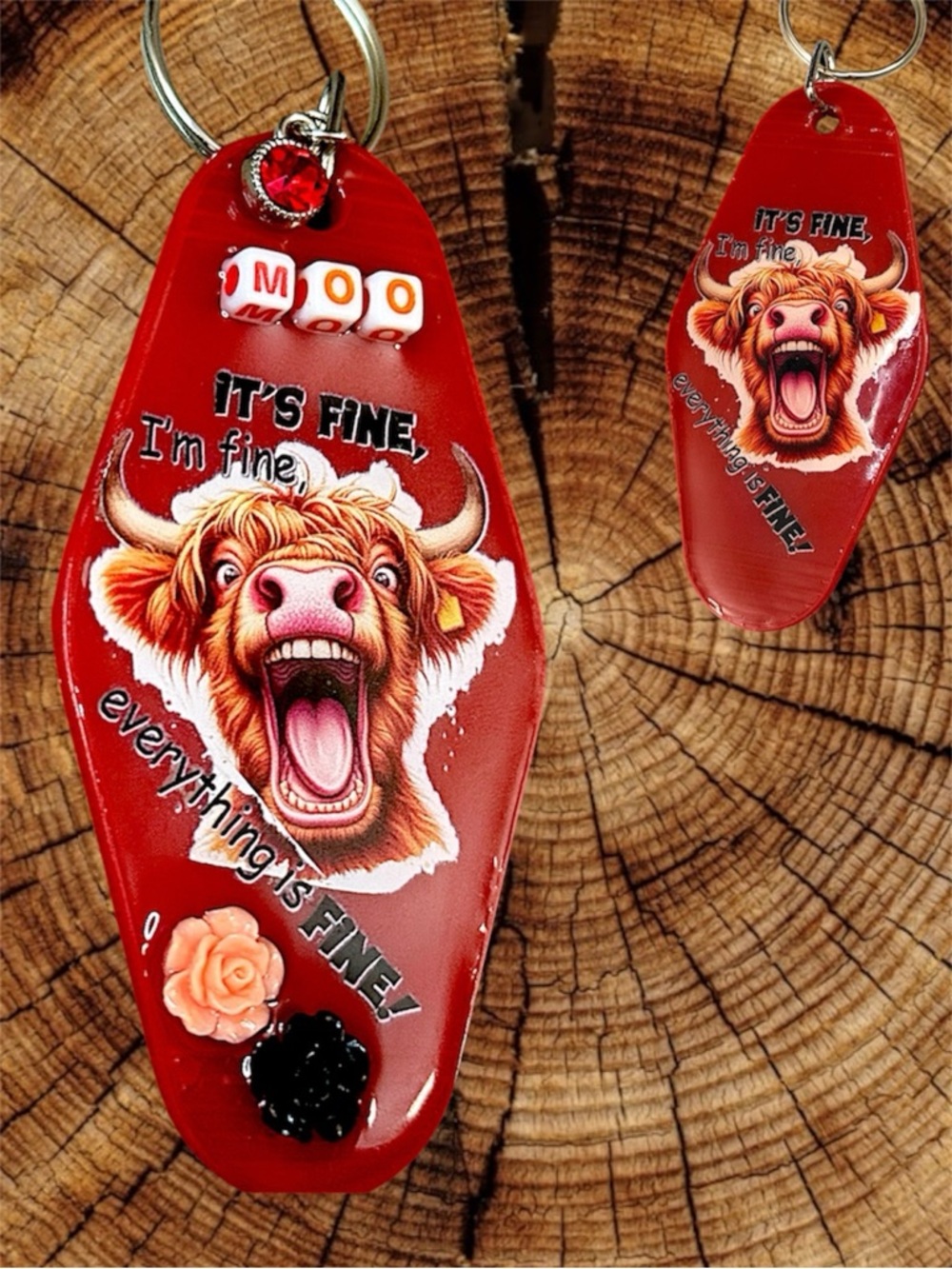 New Keychain, Handmade Resin, Red 'It's Fine' Cow Keychain, Flowers Retro 80’s
